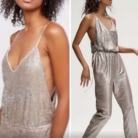Free People Pants - Free People NWT Oversized Gold Sequin Jumpsuit with Adjustable Tie Waist Size M